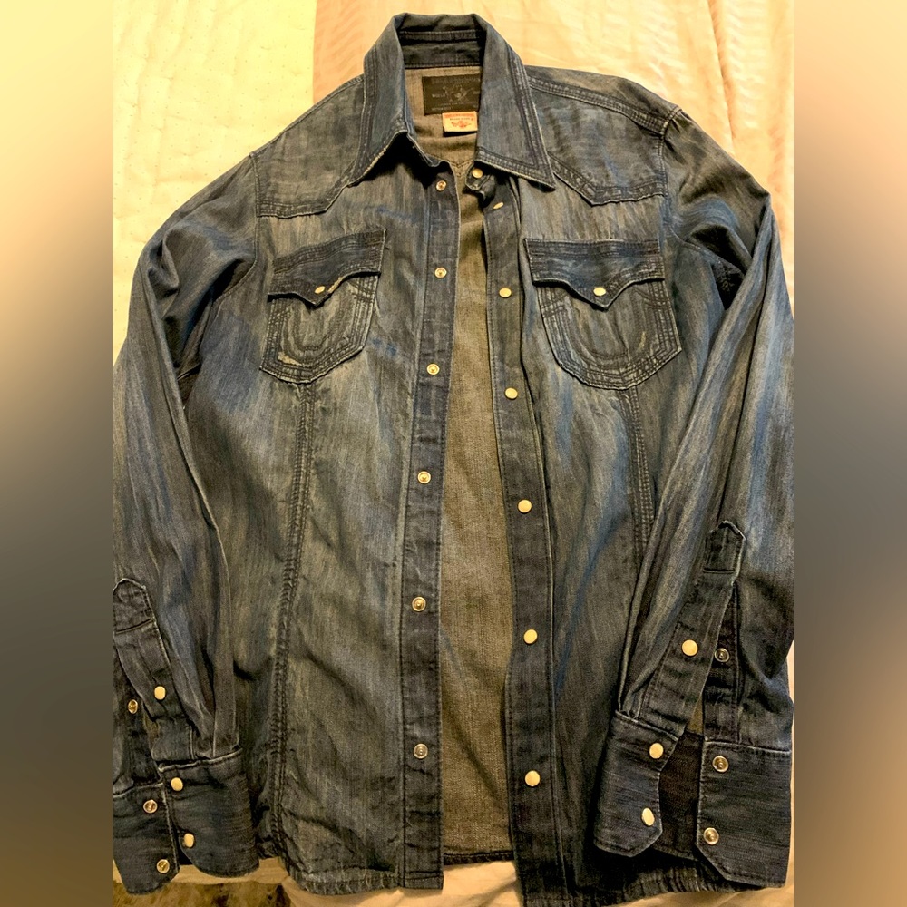 Mens True Religion denim button down shirt